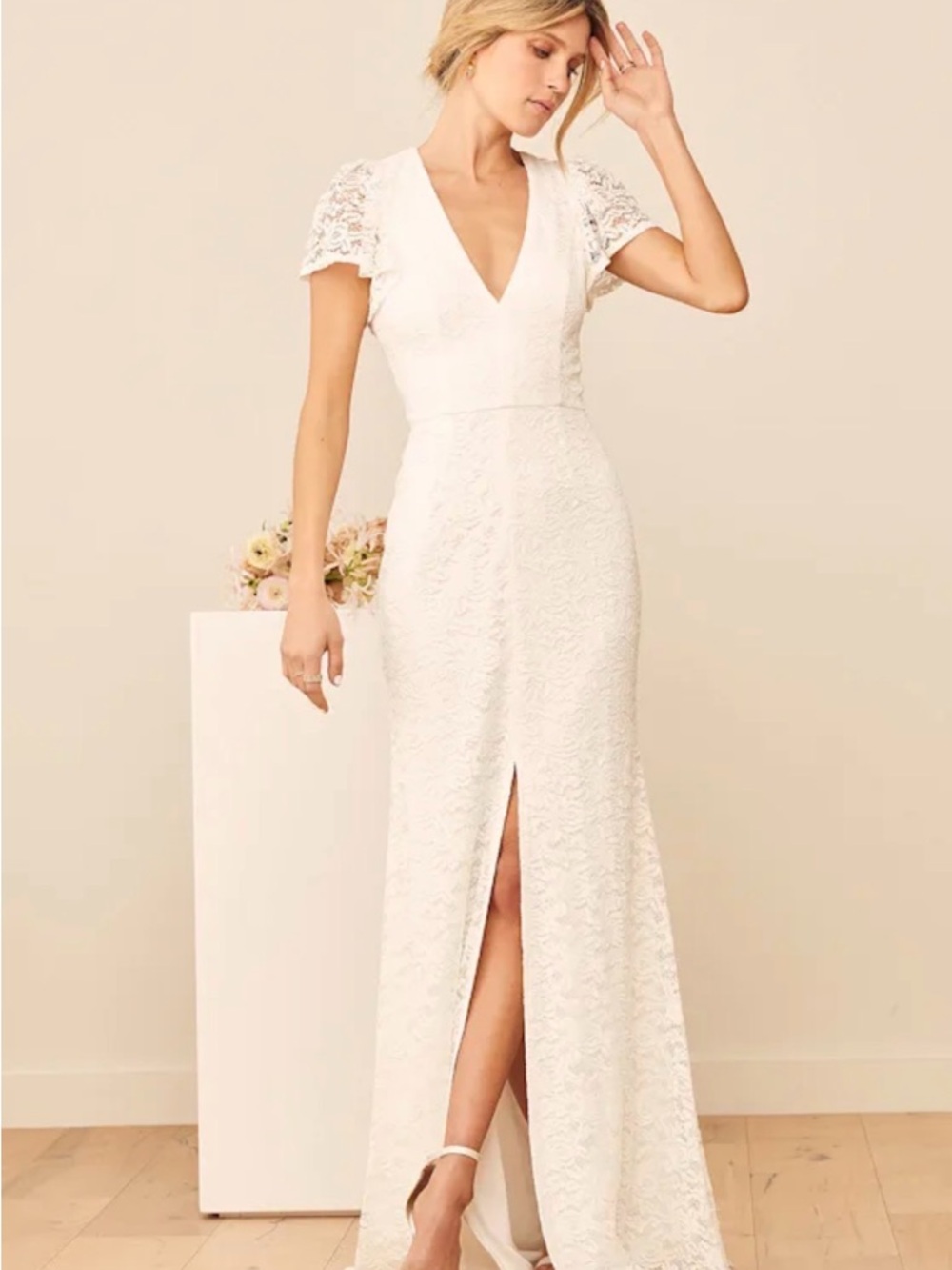 Lulu's Ivory Lace V-Neck Maxi Dress with Front Slit